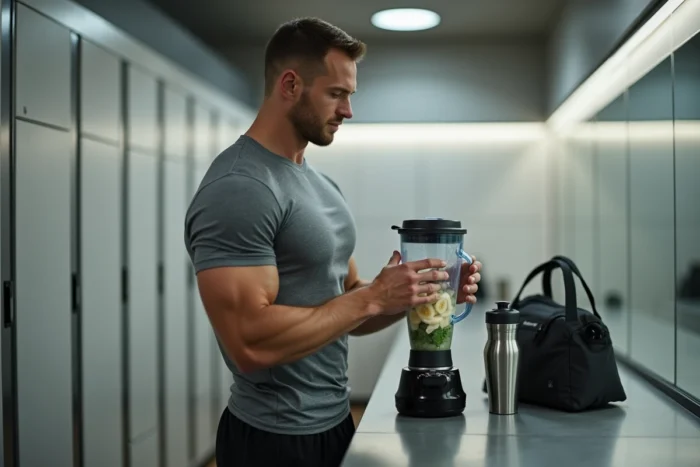 Sportif musclé préparant un smoothie protéiné après l'entraînement dans un vestiaire de salle de sport moderne