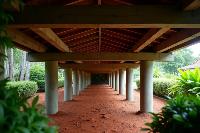Vue sous une maison australienne surélevée montrant les pilotis en béton et la structure de bois portante