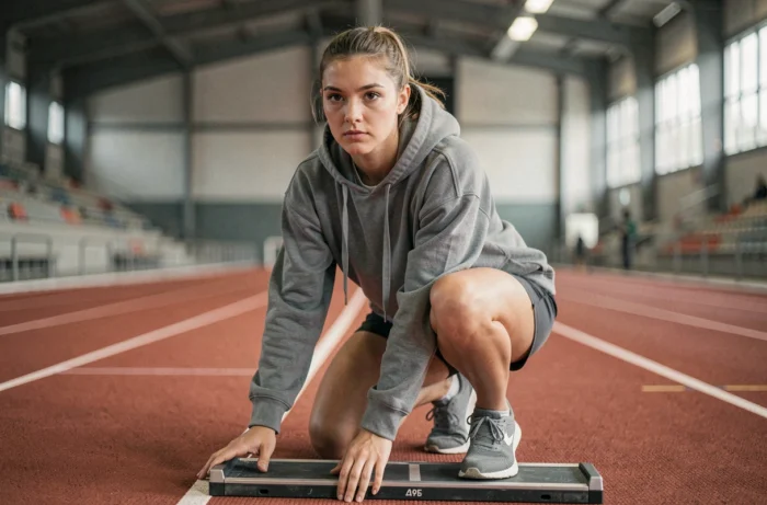 Sportive française en position de départ sur une piste couverte, photographie sportive réaliste en intérieur