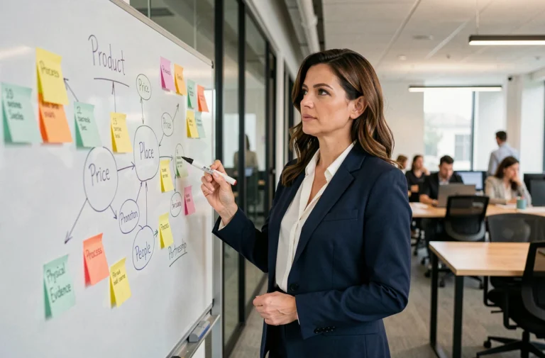 Femme professionnelle présentant une stratégie des 8P du marketing sur un tableau blanc dans un bureau moderne