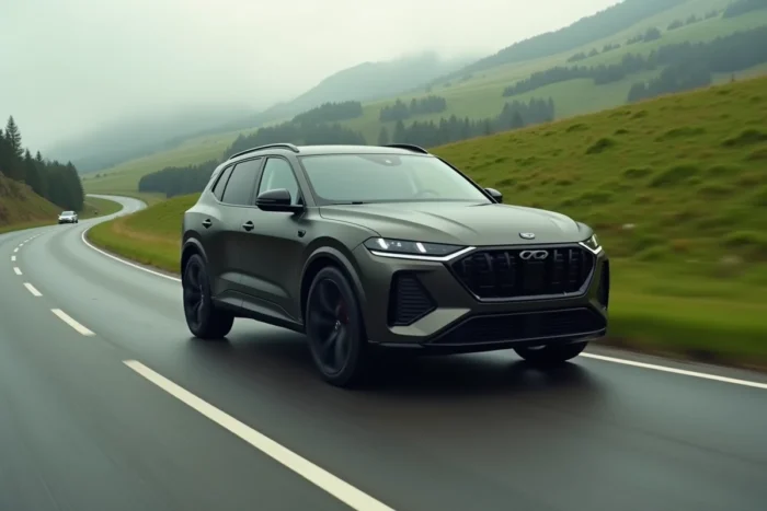 SUV noir mat en mouvement sur une route de campagne lors d'un événement presse automobile