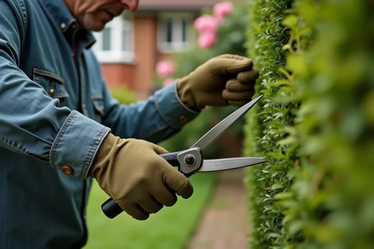 Jardinier en train de tailler une haie de buis avec des cisailles manuelles dans un jardin soigné
