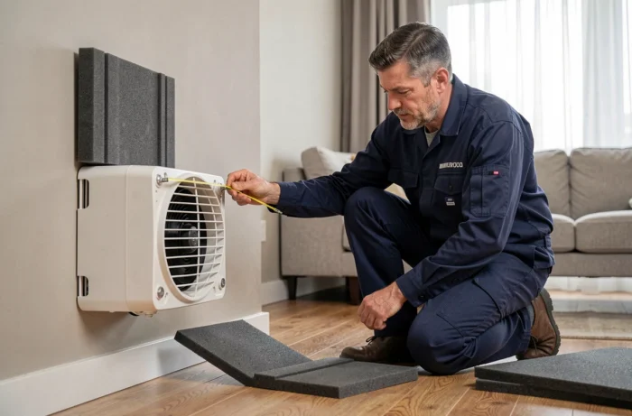 Technicien mesurant une unité de climatisation murale avec des panneaux de mousse acoustique posés au sol dans un salon moderne