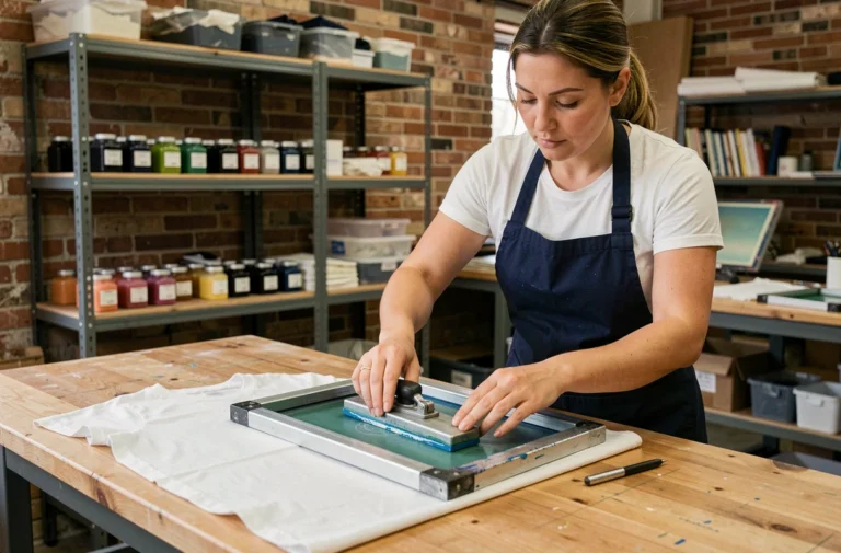 Sérigraphie textile professionnelle : technicienne appliquant un cadre d'impression sur un t-shirt blanc dans un atelier artisanal