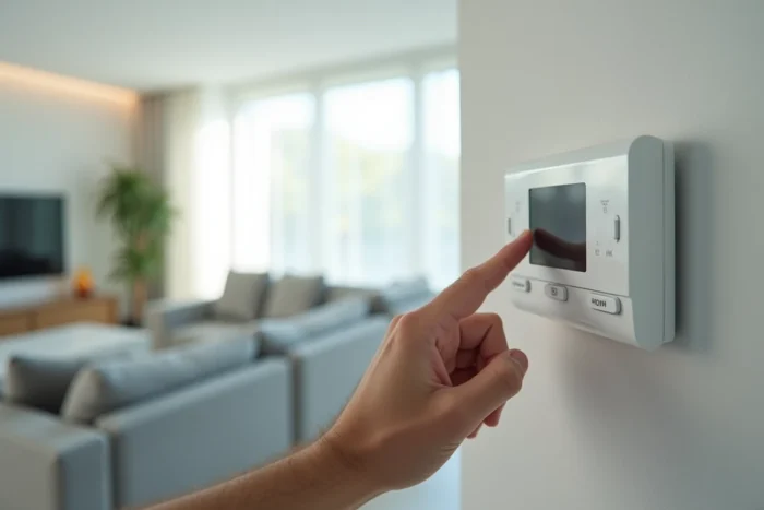 Main d'homme réglant la télécommande d'un système de climatisation dans un appartement moderne spacieux