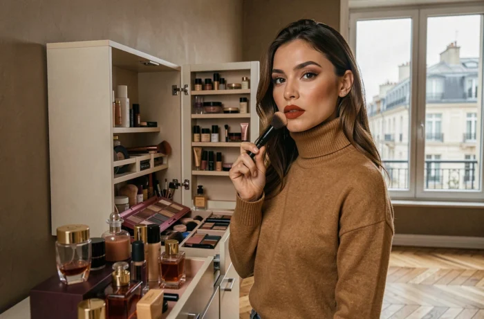Jeune femme avec un rouge à lèvres terracotta tenant un pinceau de maquillage devant une armoire de cosmétiques organisée dans un appartement parisien moderne