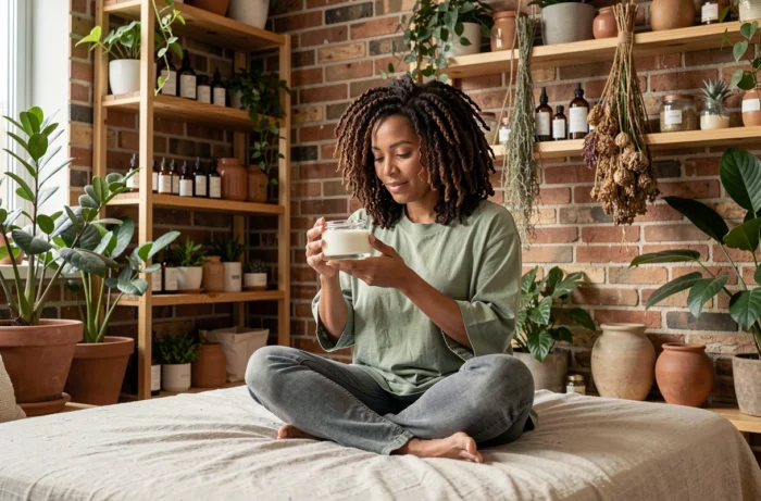 Femme aux cheveux naturels texturés examinant un masque capillaire en bocal de verre dans un studio maison bohème avec murs en briques et plantes
