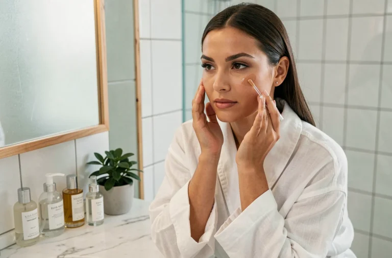 Femme appliquant un sérum teinté sur son visage devant une coiffeuse en marbre dans une salle de bain scandinave épurée