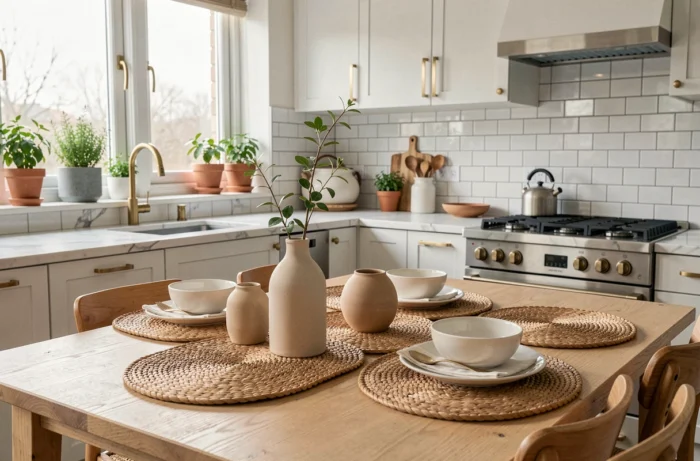 Accessoires décoratifs tendance CallMeSpring disposés sur une table en chêne dans une cuisine moderne au style minimaliste
