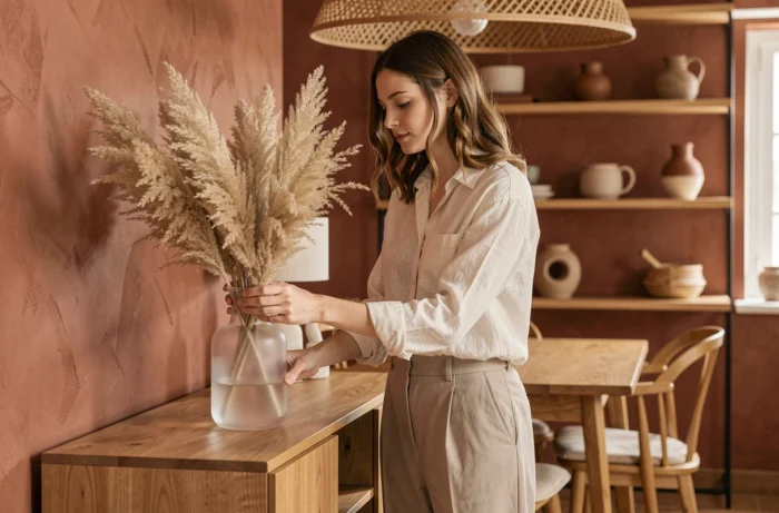 Jeune femme arrangeant un vase en verre avec des herbes de la pampa dans une salle à manger décorée selon les tendances CallMeSpring