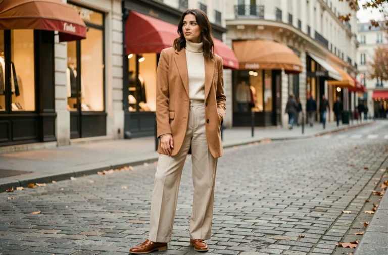 Femme élégante portant un blazer camel oversize et un pantalon large ecru dans une rue pavée parisienne, tendances mode automne