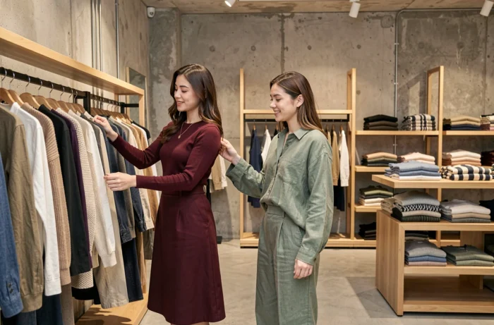 Deux femmes explorant des vêtements tendance dans une boutique concept minimaliste, mode saisonnière et style contemporain