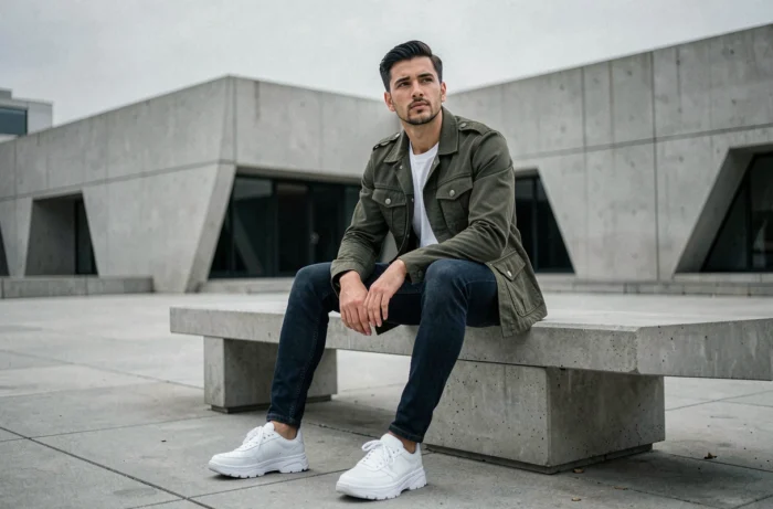 Homme en veste utility olive et jean indigo assis dans une place urbaine minimaliste, style masculin tendance saison