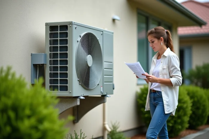Propriétaire examinant un devis devant l'unité extérieure d'une climatisation installée en façade de maison