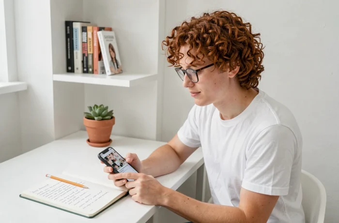 Jeune adulte aux lunettes consultant une application de lecture manga sur smartphone avec des notes de sécurité sur un bureau minimaliste