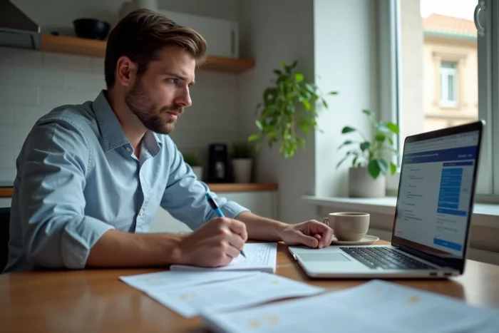 Fonctionnaire de l'Éducation Nationale vérifiant son bulletin de salaire en ligne depuis son domicile