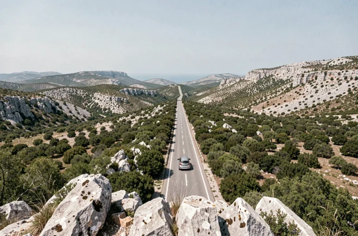 Vue panoramique de la route nationale RN196 traversant le paysage corse entre Ajaccio et Propriano